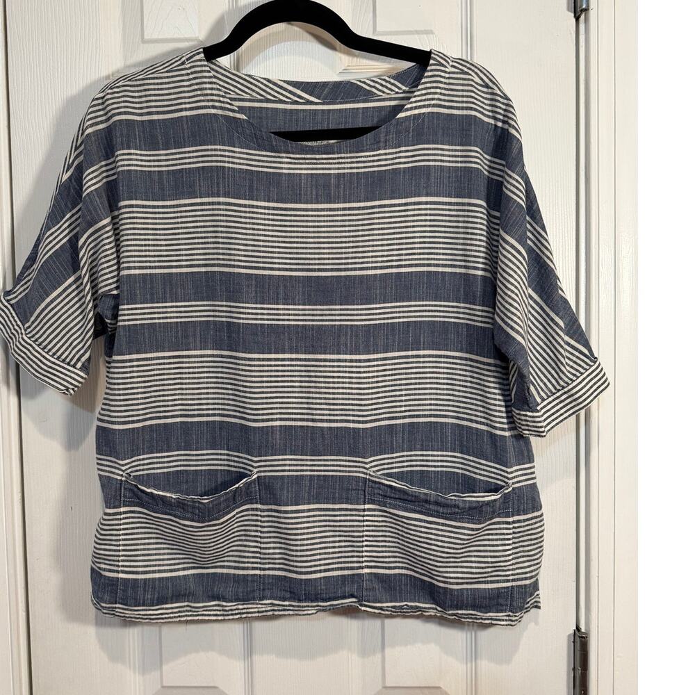 Zara Women Premium Denim Striped Boxy M Chambray Blue Cream Pockets Oversized
